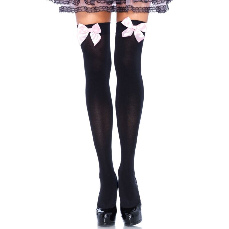 LEG AVENUE - BLACK NYLON THIGH HIGHS WITH PINK BOW ONE SIZE - Kink&Play