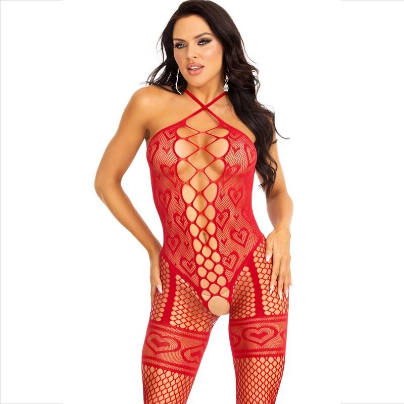LEG AVENUE - BODYSTOCKING NECK HALTER RED HEARTS RED - Kink&Play