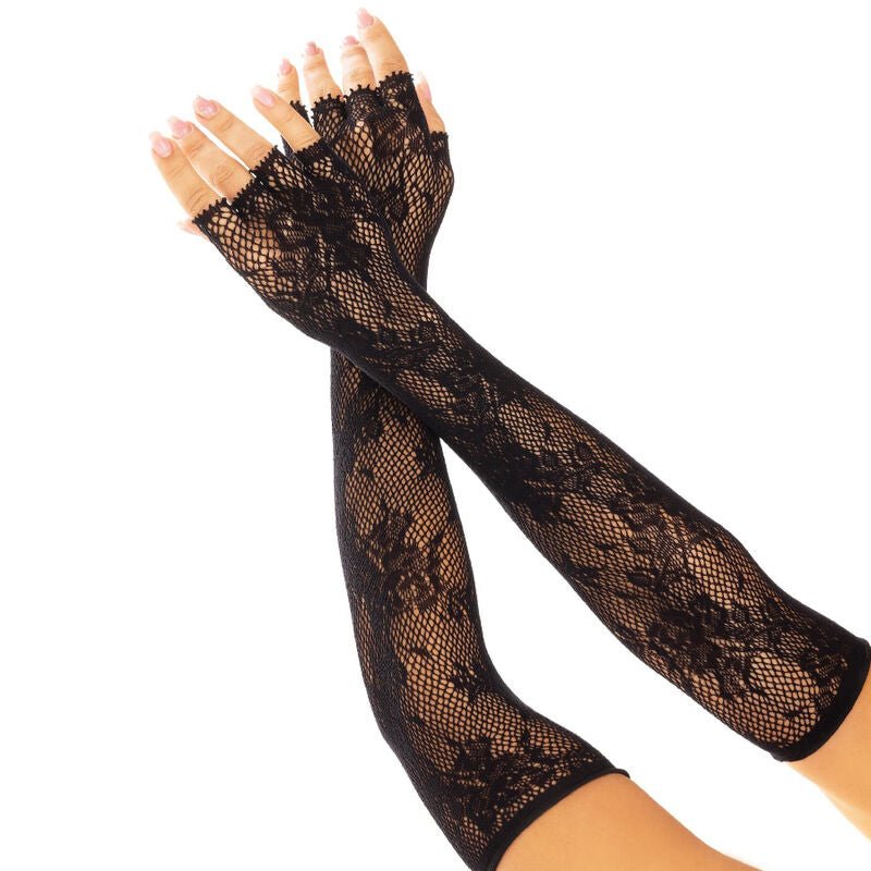 LEG AVENUE - FLORAL NETWORK FINGERLESS GLOVES BLACK - Kink&Play