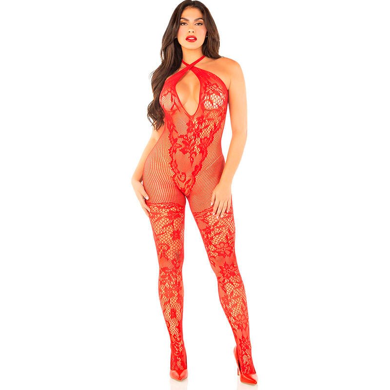 LEG AVENUE - FLOWER PRINT MESH BODYSTOCKING RED ONE SIZE - Kink&Play