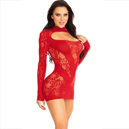 LEG AVENUE - MINI DRESS WITH LACE LONG SLEEVE RED - Kink&Play