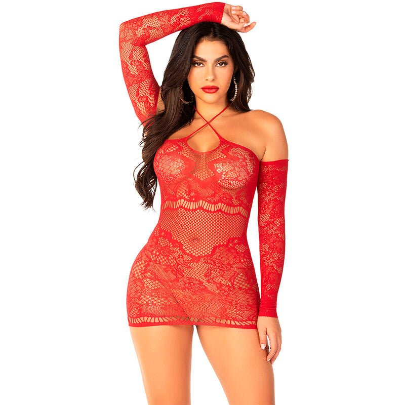 LEG AVENUE - OFF - SHOULDER LONG - SLEEVED MESH MINI DRESS RED - Kink&Play