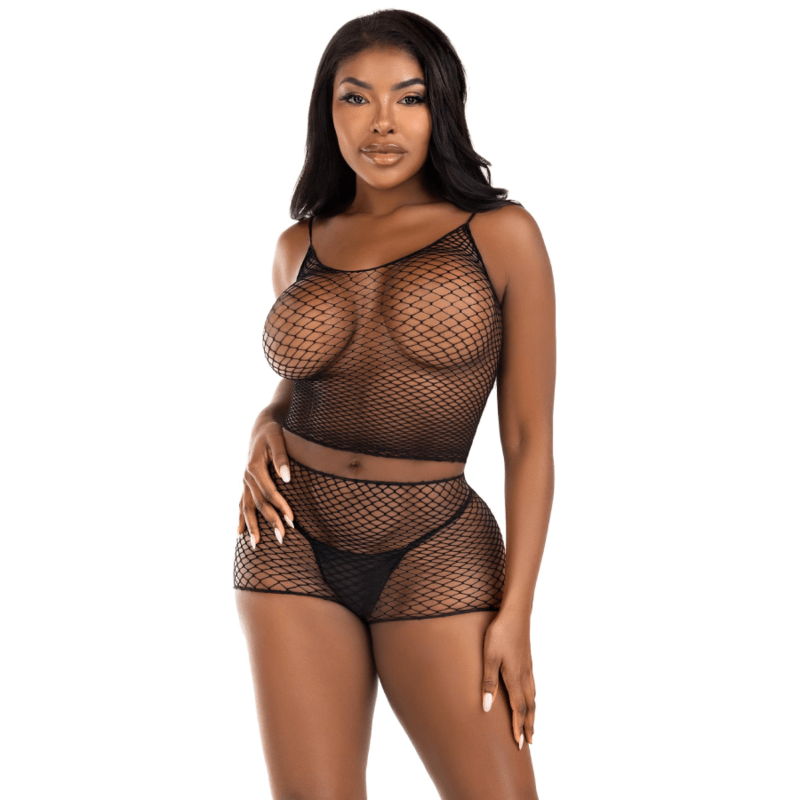 LEG AVENUE - T - SHIRT & PANTS SET FISHNET BLACK - Kink&Play