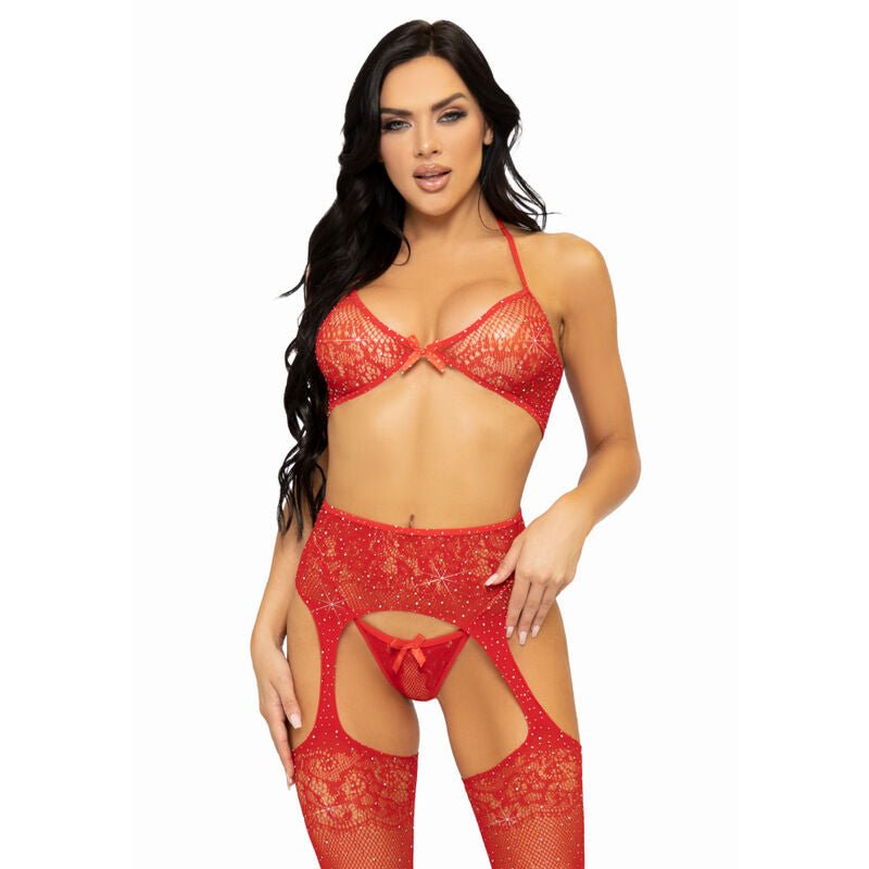 LEG AVENUE - THREE PIECES SET BRA, STRING AND STOCKING ONE SIZE - BLACK - Kink&Play