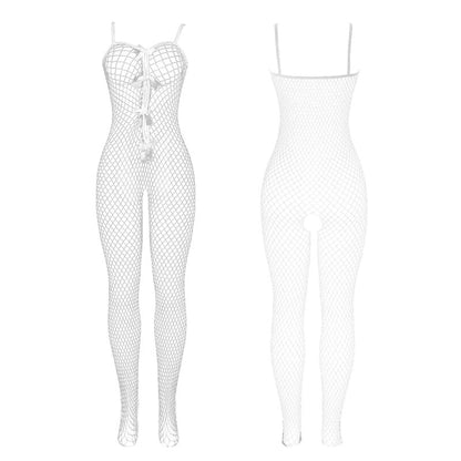 SUBBLIME - 951740 BODYSTOCKING WHITE FISHNET CROTCHLESS WITH BOWS ONE SIZE - Kink&Play
