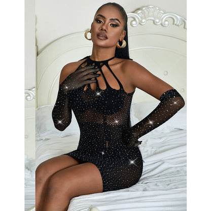 SUBBLIME - 952235 FISHNET DRESS WITH RHINESTONES BLACK ONE SIZE - Kink&Play
