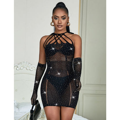 SUBBLIME - 952235 FISHNET DRESS WITH RHINESTONES BLACK ONE SIZE - Kink&Play