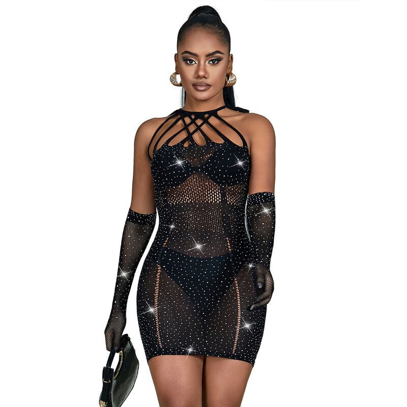 SUBBLIME - 952235 FISHNET DRESS WITH RHINESTONES BLACK ONE SIZE - Kink&Play