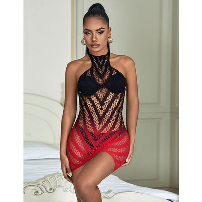 SUBBLIME - 952242 RED AND BLACK DEGRADED ELASTIC FISHNET DRESS ONE SIZE - Kink&Play