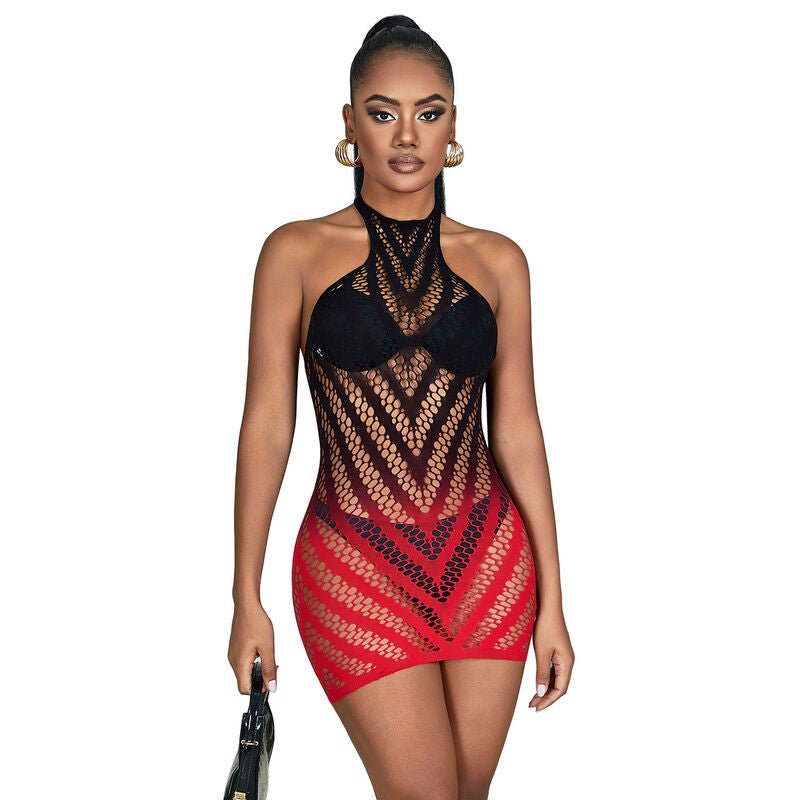 SUBBLIME - 952242 RED AND BLACK DEGRADED ELASTIC FISHNET DRESS ONE SIZE - Kink&Play