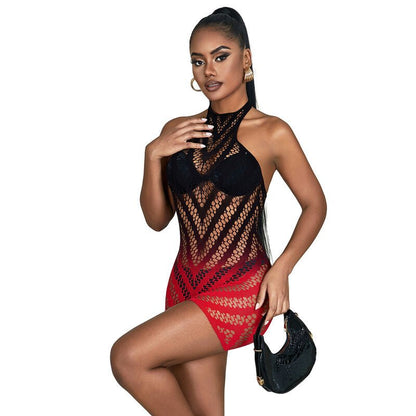SUBBLIME - 952242 RED AND BLACK DEGRADED ELASTIC FISHNET DRESS ONE SIZE - Kink&Play