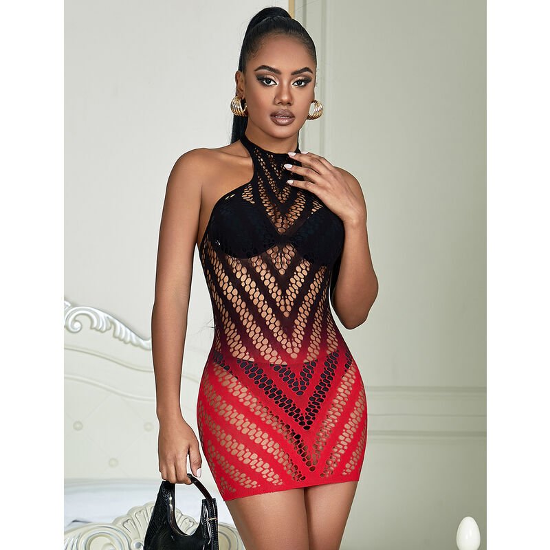 SUBBLIME - 952242 RED AND BLACK DEGRADED ELASTIC FISHNET DRESS ONE SIZE - Kink&Play