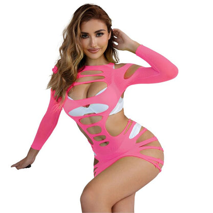 SUBBLIME - 952273 LONG SLEEVE ELASTIC FISHNET DRESS PINK ONE SIZE - Kink&Play