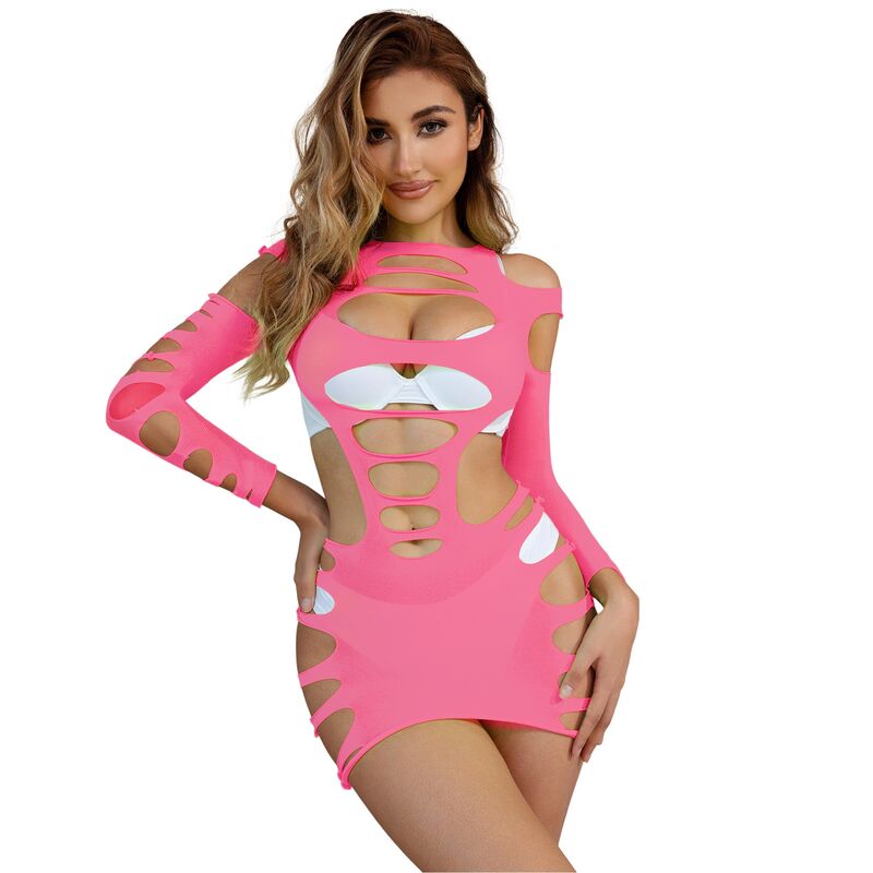 SUBBLIME - 952273 LONG SLEEVE ELASTIC FISHNET DRESS PINK ONE SIZE - Kink&Play