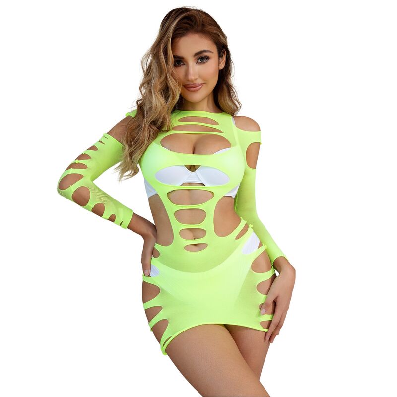 SUBBLIME - 952280 GREEN LONG SLEEVE ELASTIC FISHNET DRESS ONE SIZE - Kink&Play