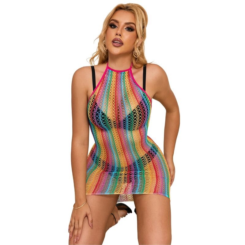 SUBBLIME - 952341 RAINBOW FISHNET DRESS ONE SIZE - Kink&Play