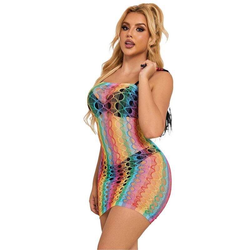 SUBBLIME - 952365 RAINBOW BARE SHOULDER FISHNET DRESS ONE SIZE - Kink&Play