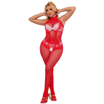 SUBBLIME - 952372 FISHNET AND LACE CROTCHLESS BODYSTOCKING WITH HIGH NECK RED ONE SIZE - Kink&Play