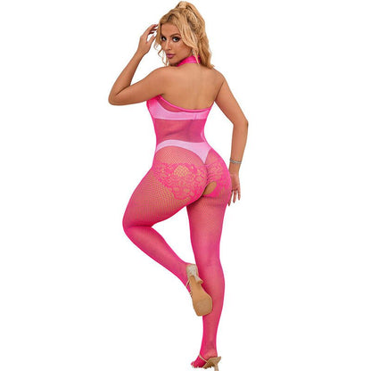 SUBBLIME - 952389 FISHNET AND LACE CROTCHLESS BODYSTOCKING WITH HIGH NECK PINK ONE SIZE - Kink&Play