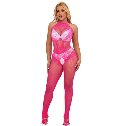 SUBBLIME - 952389 FISHNET AND LACE CROTCHLESS BODYSTOCKING WITH HIGH NECK PINK ONE SIZE - Kink&Play