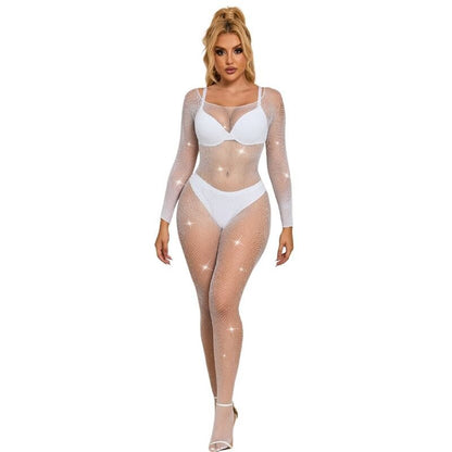 SUBBLIME - 952396 FISHNET BODYSTOCKING WITH DIAMONDS LONG SLEEVE WHITE ONE SIZE - Kink&Play