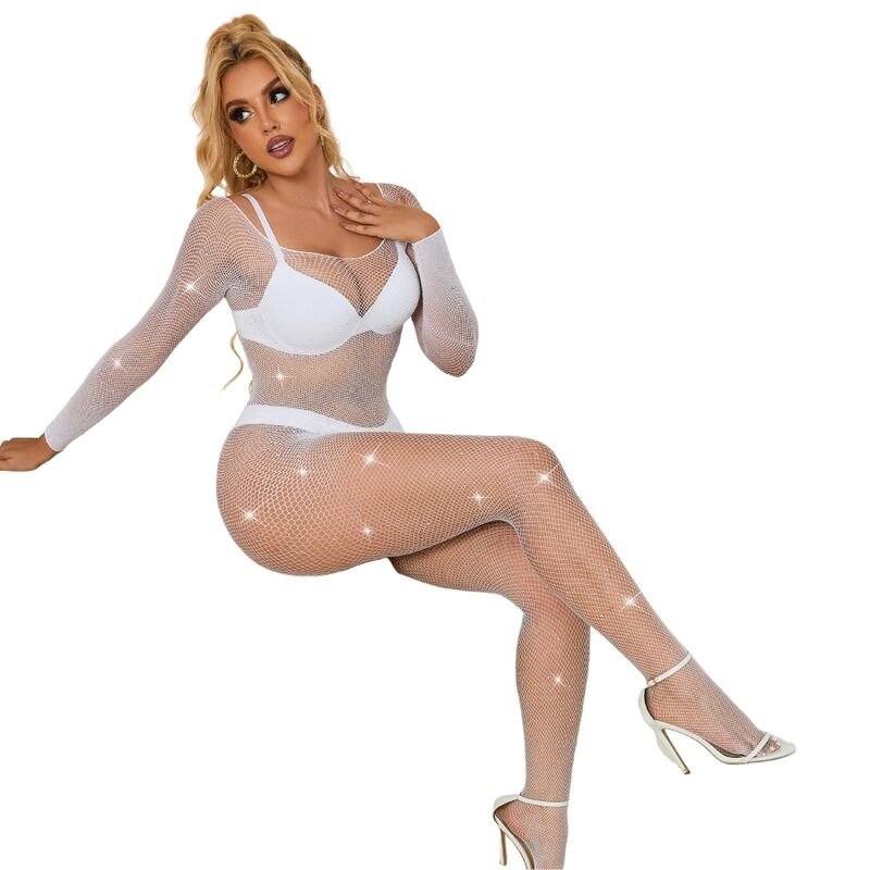 SUBBLIME - 952396 FISHNET BODYSTOCKING WITH DIAMONDS LONG SLEEVE WHITE ONE SIZE - Kink&Play