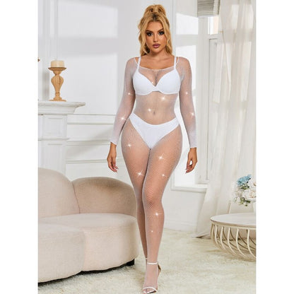 SUBBLIME - 952396 FISHNET BODYSTOCKING WITH DIAMONDS LONG SLEEVE WHITE ONE SIZE - Kink&Play