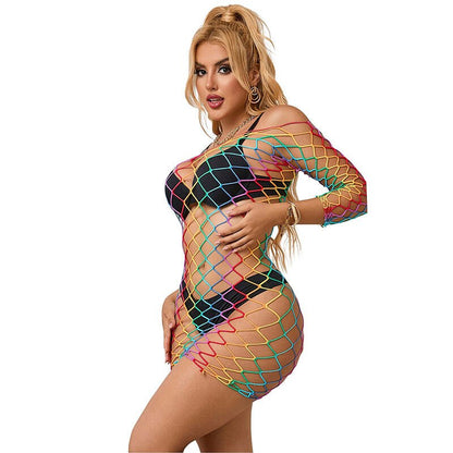 SUBBLIME - 952426 RAINBOW LONG SLEEVE FISHNET DRESS ONE SIZE - Kink&Play