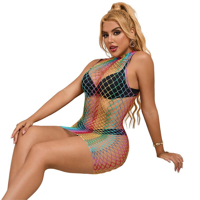 SUBBLIME - 952433 RAINBOW HIGH NECK SLEEVELESS FISHNET DRESS ONE SIZE - Kink&Play