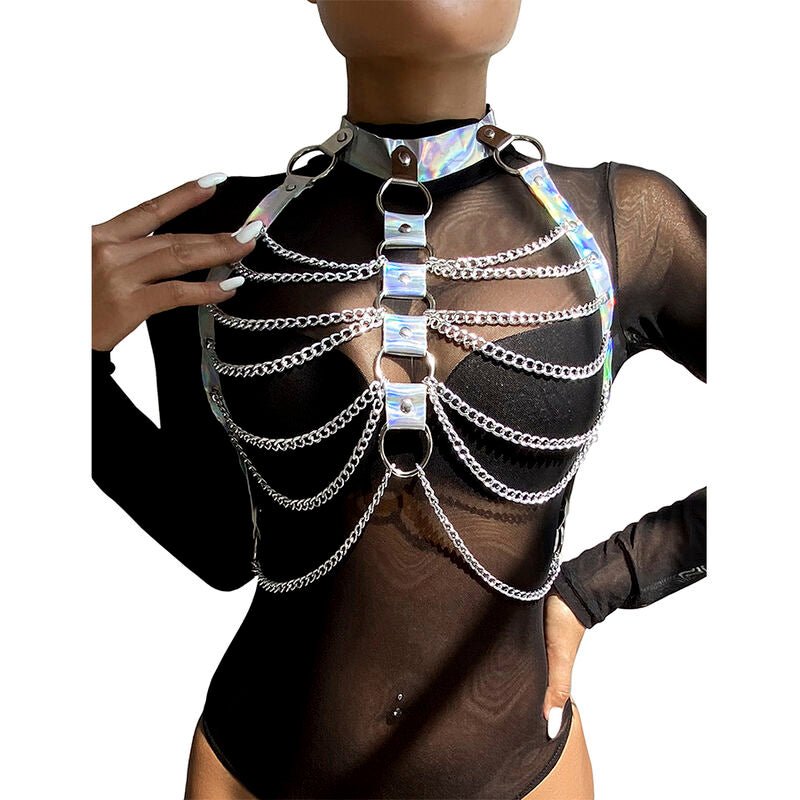 SUBBLIME - 953737 CHEST HARNESS WITH RINGS AND CHAINS SILVER ONE SIZE - Kink&Play