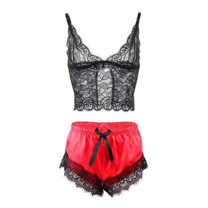SUBBLIME - 953959 CASUAL SILK NIGHTGOWN + LACE PANTS BLACK/RED S/M - Kink&Play