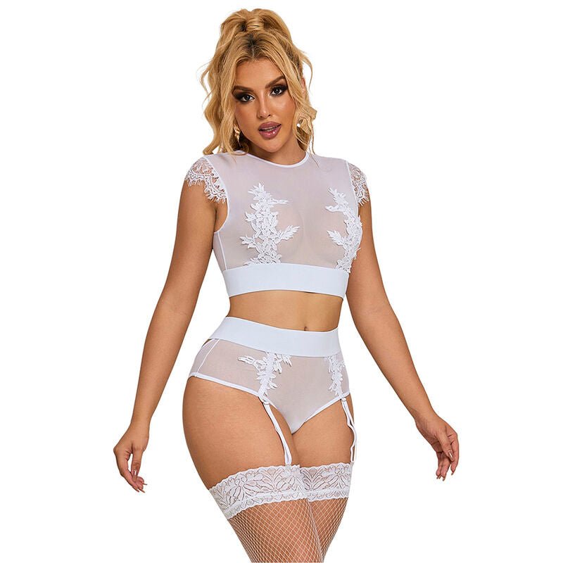 SUBBLIME - 954048 BRA + PANTIES WITH GARTER BELT WHITE L/XL - Kink&Play