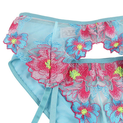 SUBBLIME - 954109 BRA + PANTIES WITH GARTER BELT FLORAL DESIGN BLUE S/M - Kink&Play