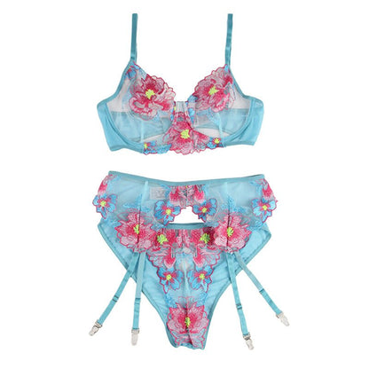 SUBBLIME - 954109 BRA + PANTIES WITH GARTER BELT FLORAL DESIGN BLUE S/M - Kink&Play