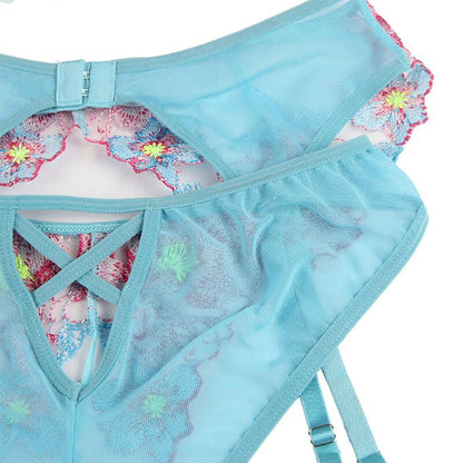 SUBBLIME - 954109 BRA + PANTIES WITH GARTER BELT FLORAL DESIGN BLUE S/M - Kink&Play