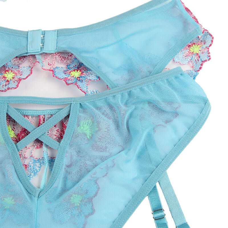 SUBBLIME - 954116 BRA + PANTIES WITH GARTER BELT FLORAL DESIGN BLUE L/XL - Kink&Play