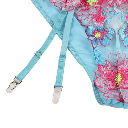 SUBBLIME - 954116 BRA + PANTIES WITH GARTER BELT FLORAL DESIGN BLUE L/XL - Kink&Play