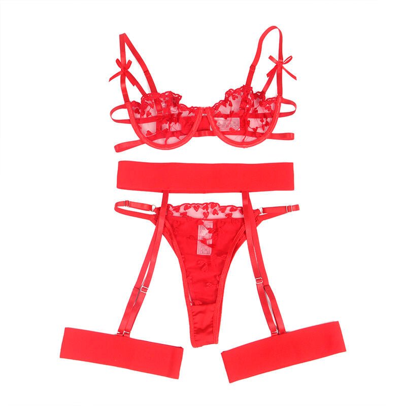 SUBBLIME - 954338 HEART PRINT BRA + THONG + GARTER BELT RED L/XL - Kink&Play