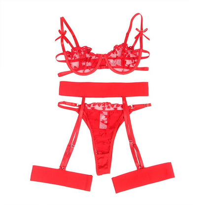 SUBBLIME - 954338 HEART PRINT BRA + THONG + GARTER BELT RED L/XL - Kink&Play