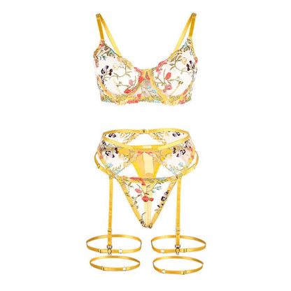 SUBBLIME - 954345 BRA + THONG + GARTER BELT FLORAL DESIGN YELLOW S/M - Kink&Play