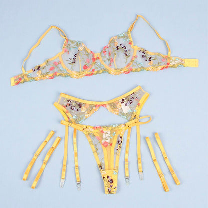 SUBBLIME - 954352 BRA + THONG + GARTER BELT FLORAL DESIGN YELLOW L/XL - Kink&Play
