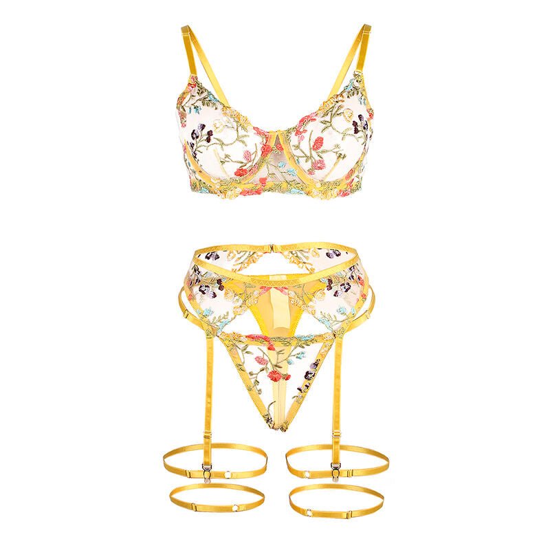 SUBBLIME - 954352 BRA + THONG + GARTER BELT FLORAL DESIGN YELLOW L/XL - Kink&Play