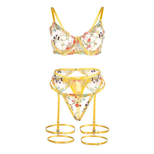 SUBBLIME - 954352 BRA + THONG + GARTER BELT FLORAL DESIGN YELLOW L/XL - Kink&Play