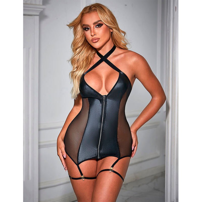 SUBBLIME - 954451 SEXY MESH DRESS LEATHER BLACK L/XL - Kink&Play