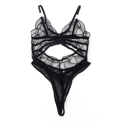 SUBBLIME - 955212 TRANSPARENT BODYSUIT WITH BLACK HOLLOW LACE S/M - Kink&Play