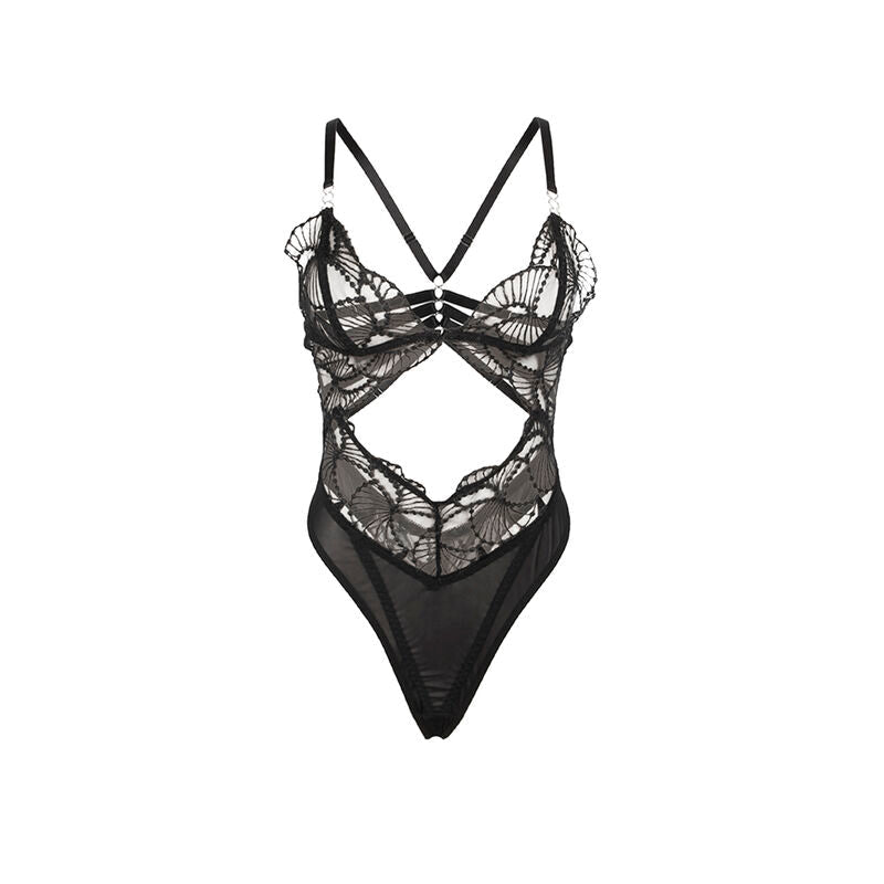 SUBBLIME - 955212 TRANSPARENT BODYSUIT WITH BLACK HOLLOW LACE S/M - Kink&Play
