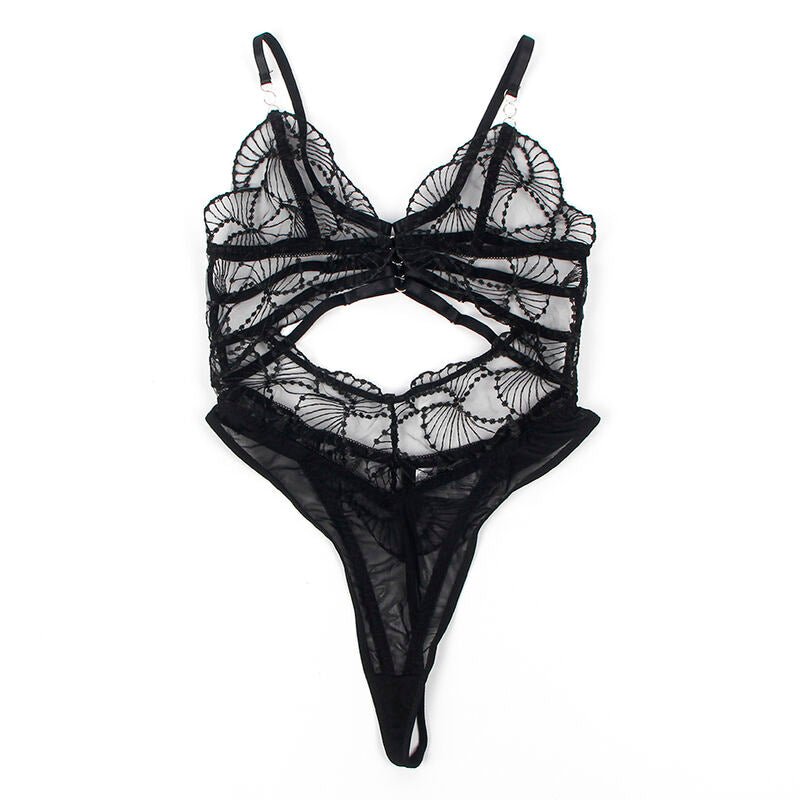 SUBBLIME - 955229 TRANSPARENT BODYSUIT WITH HOLLOW LACE BLACK L/XL - Kink&Play