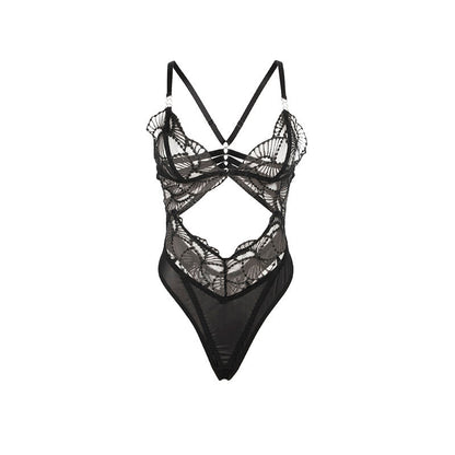 SUBBLIME - 955229 TRANSPARENT BODYSUIT WITH HOLLOW LACE BLACK L/XL - Kink&Play