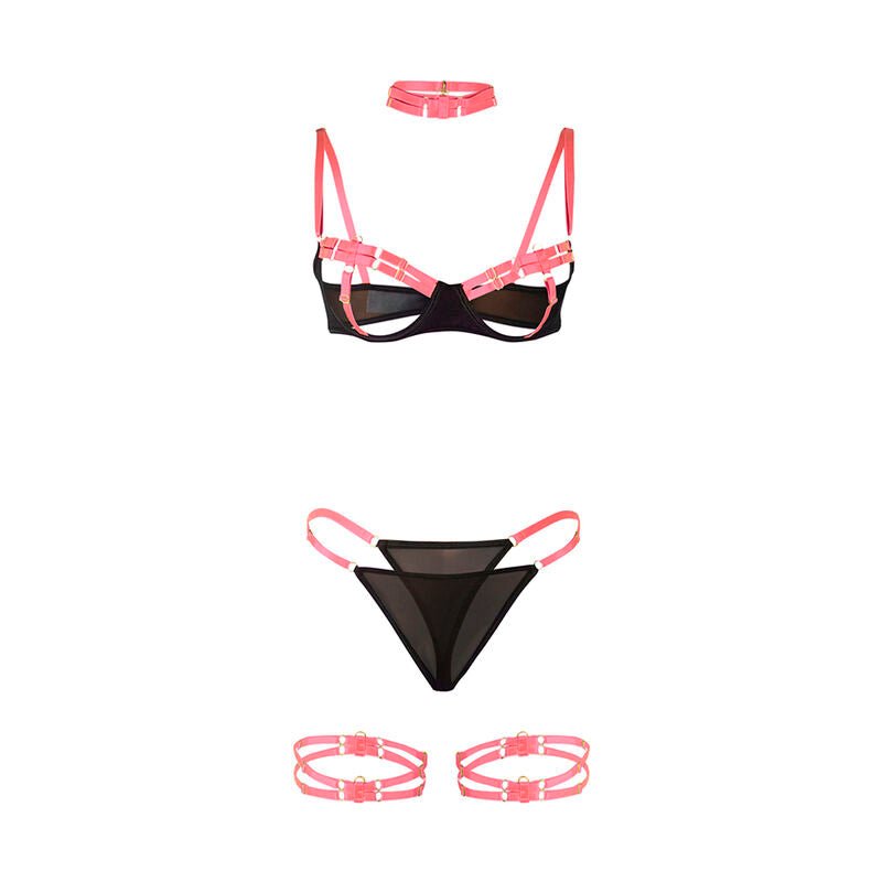 SUBBLIME - 955298 BRA SET WITH NECKLACE AND LEG DETAILS FLUORESCENT PINK S/M - Kink&Play