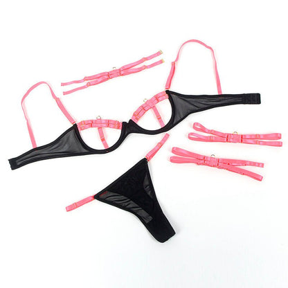 SUBBLIME - 955298 BRA SET WITH NECKLACE AND LEG DETAILS FLUORESCENT PINK S/M - Kink&Play
